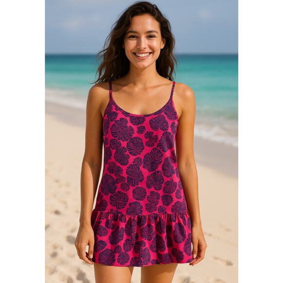 LOFT Outlet Pink Navy Leaf Print Linen Blend Dress Small - Picture 2 of 9